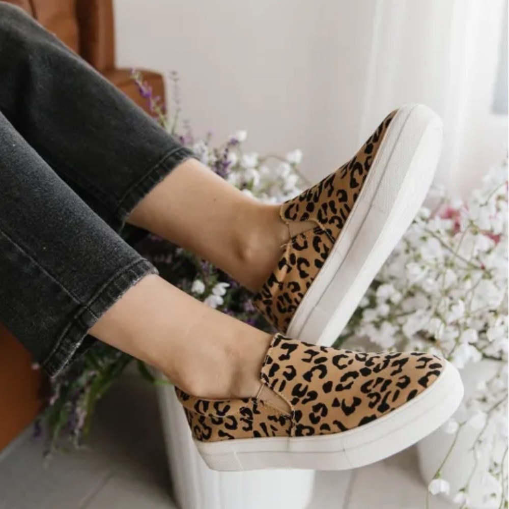 Light Tan Leopard Print Canvas Slip On Sneakers - Picture 2 of 8